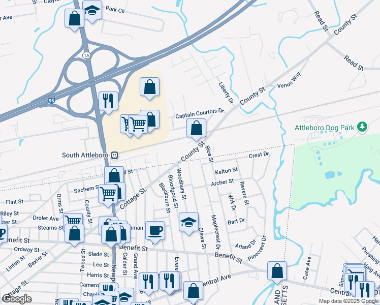 map of restaurants, bars, coffee shops, grocery stores, and more near 2101 County Street in Attleboro