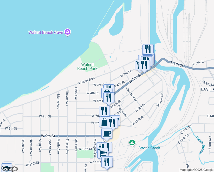 map of restaurants, bars, coffee shops, grocery stores, and more near 319 Lake Avenue in Ashtabula