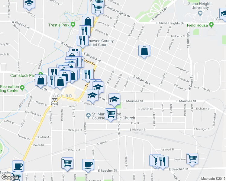 map of restaurants, bars, coffee shops, grocery stores, and more near 430 Toledo Street in Adrian