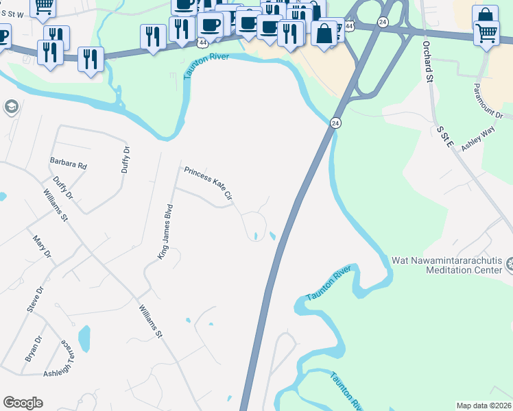 map of restaurants, bars, coffee shops, grocery stores, and more near 285 Princess Kate Circle in Taunton