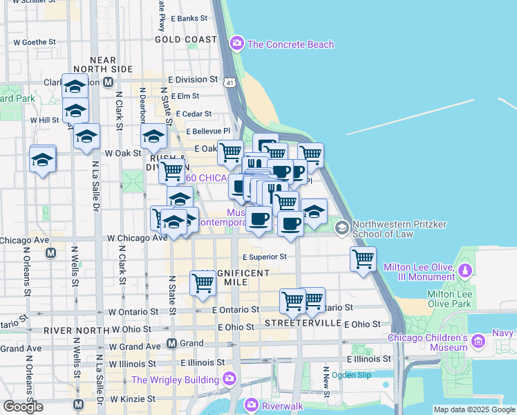 map of restaurants, bars, coffee shops, grocery stores, and more near 835 North Michigan Avenue in Chicago