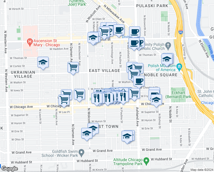 map of restaurants, bars, coffee shops, grocery stores, and more near 905 North Wood Street in Chicago