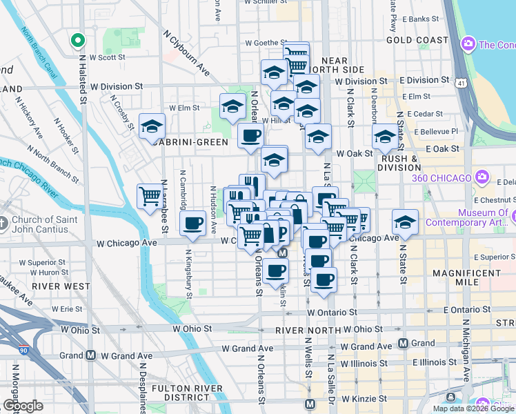 map of restaurants, bars, coffee shops, grocery stores, and more near 345 West Chestnut Street in Chicago