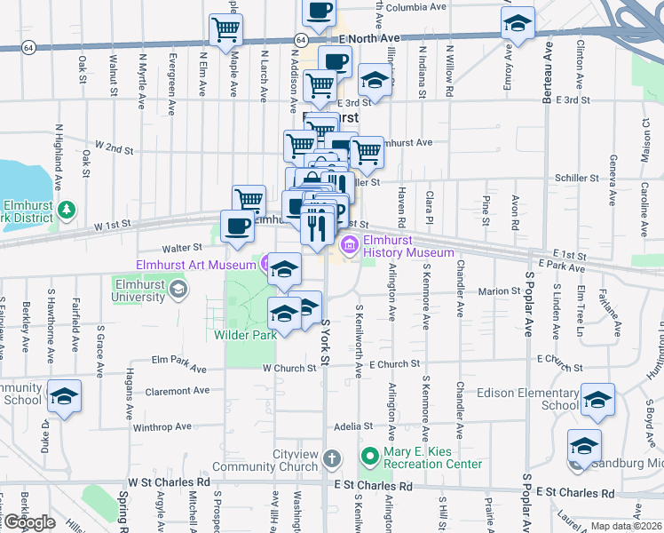 map of restaurants, bars, coffee shops, grocery stores, and more near 135 South York Street in Elmhurst