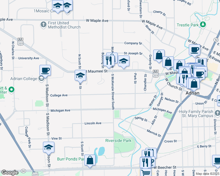 map of restaurants, bars, coffee shops, grocery stores, and more near 168 South McKenzie Street South in Adrian