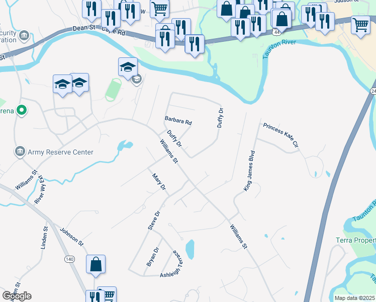 map of restaurants, bars, coffee shops, grocery stores, and more near 155 Duffy Drive in Taunton