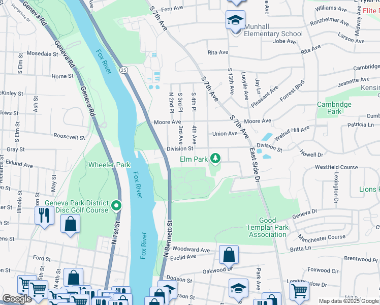 map of restaurants, bars, coffee shops, grocery stores, and more near 218 Division Street in Geneva