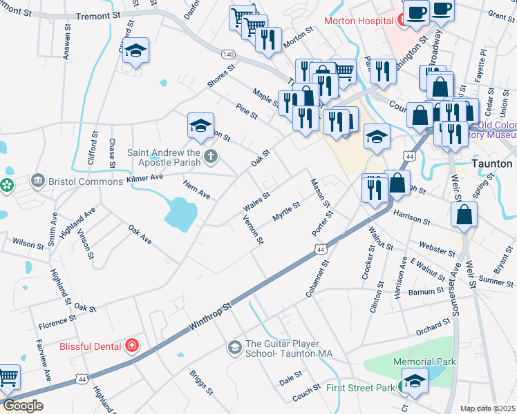 map of restaurants, bars, coffee shops, grocery stores, and more near 72 Wales Street in Taunton