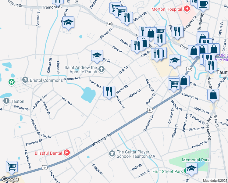 map of restaurants, bars, coffee shops, grocery stores, and more near 71 Wales Street in Taunton