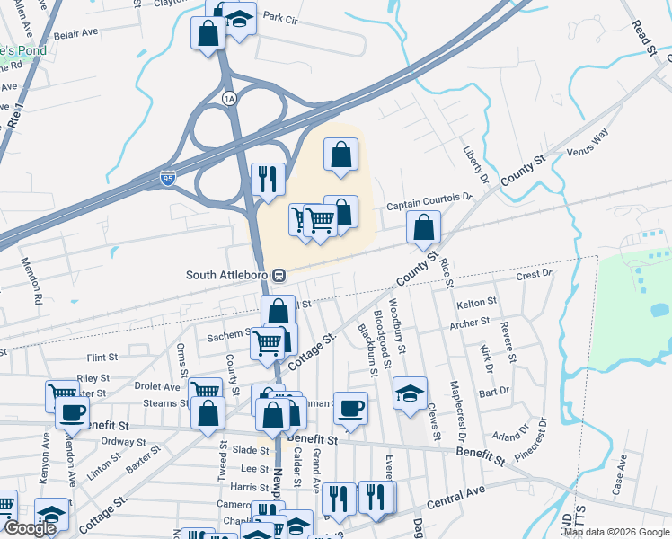 map of restaurants, bars, coffee shops, grocery stores, and more near 83 Colvin Street in Attleboro
