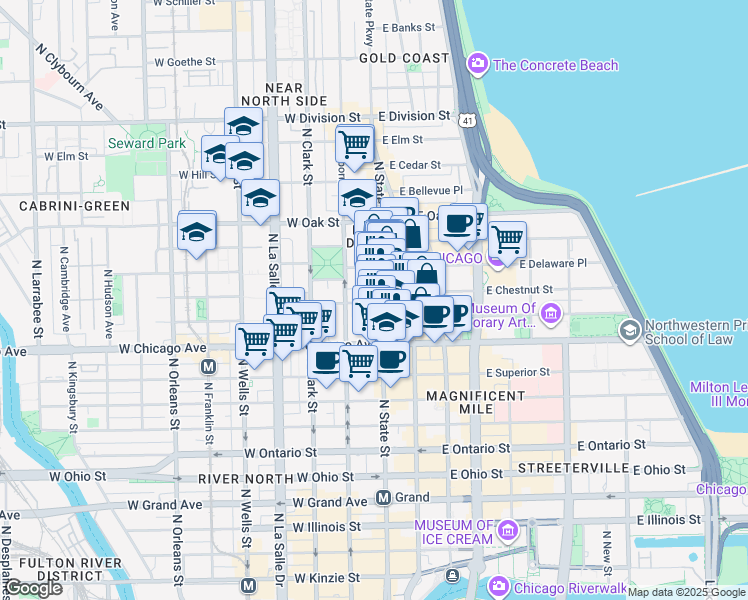 map of restaurants, bars, coffee shops, grocery stores, and more near 844 North State Street in Chicago
