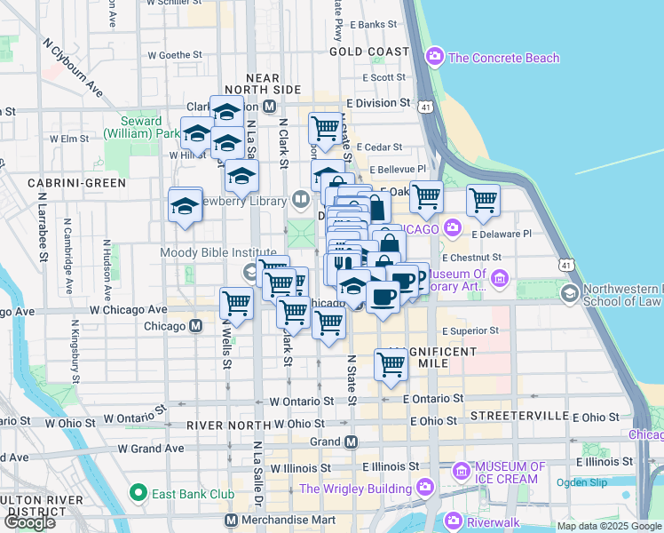 map of restaurants, bars, coffee shops, grocery stores, and more near 844 North State Street in Chicago