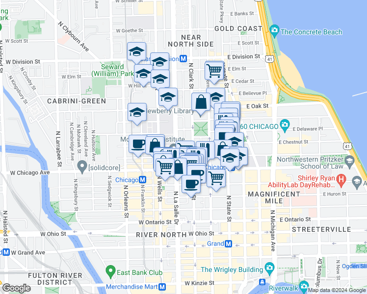 map of restaurants, bars, coffee shops, grocery stores, and more near 103 West Chestnut Street in Chicago
