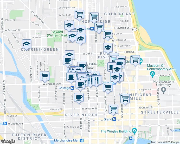 map of restaurants, bars, coffee shops, grocery stores, and more near 840 North LaSalle Drive in Chicago