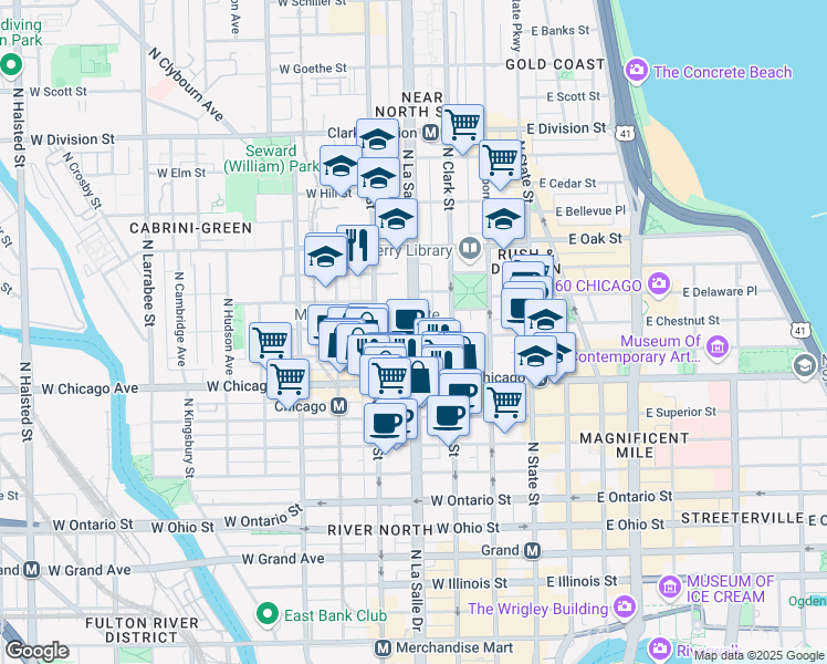 map of restaurants, bars, coffee shops, grocery stores, and more near 840 North LaSalle Drive in Chicago