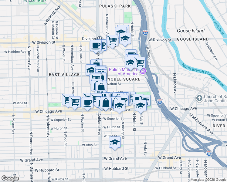 map of restaurants, bars, coffee shops, grocery stores, and more near 1530 West Chestnut Street in Chicago