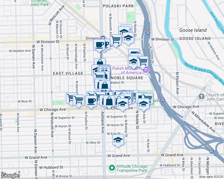 map of restaurants, bars, coffee shops, grocery stores, and more near 1530 West Chestnut Street in Chicago