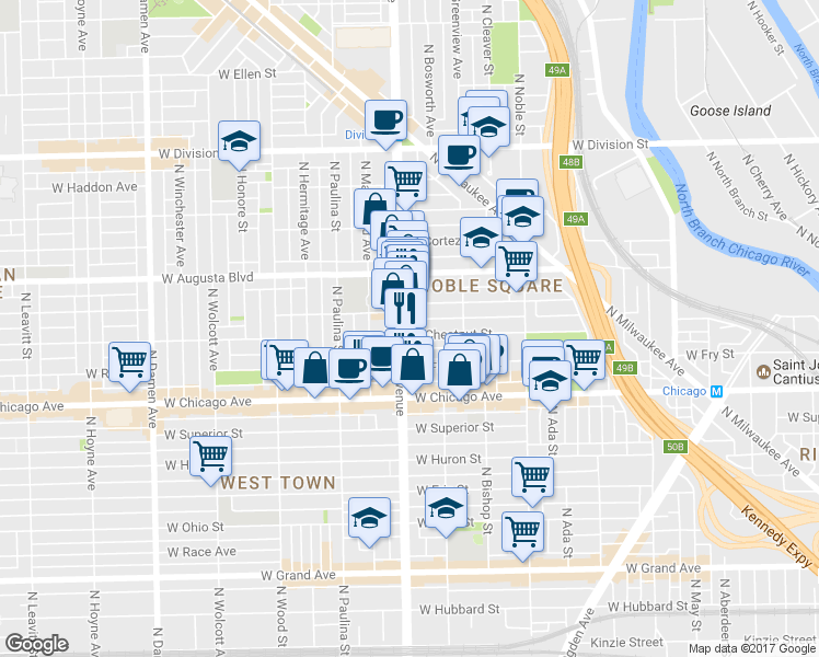 map of restaurants, bars, coffee shops, grocery stores, and more near in Chicago