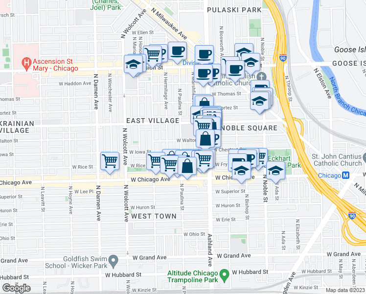 map of restaurants, bars, coffee shops, grocery stores, and more near 866 North Marshfield Avenue in Chicago