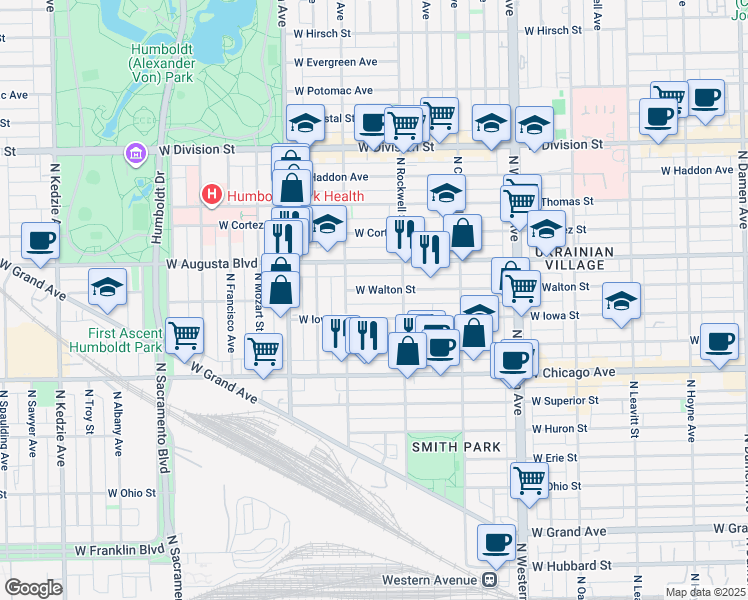 map of restaurants, bars, coffee shops, grocery stores, and more near 2627 West Walton Street in Chicago