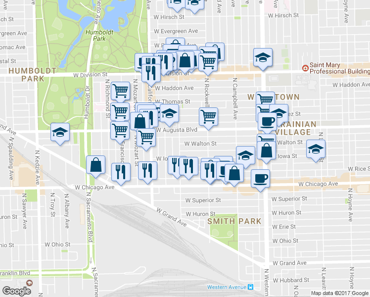 map of restaurants, bars, coffee shops, grocery stores, and more near in Chicago