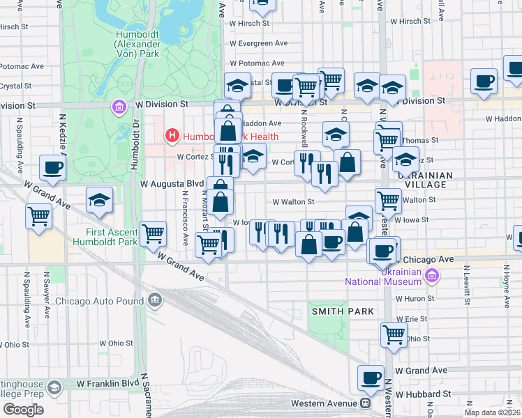 map of restaurants, bars, coffee shops, grocery stores, and more near in Chicago