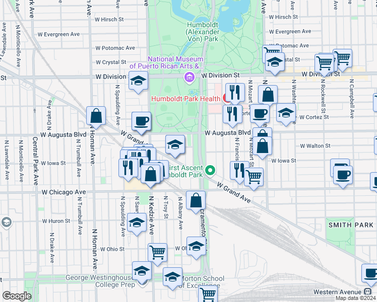 map of restaurants, bars, coffee shops, grocery stores, and more near 882 North Sacramento Drive in Chicago