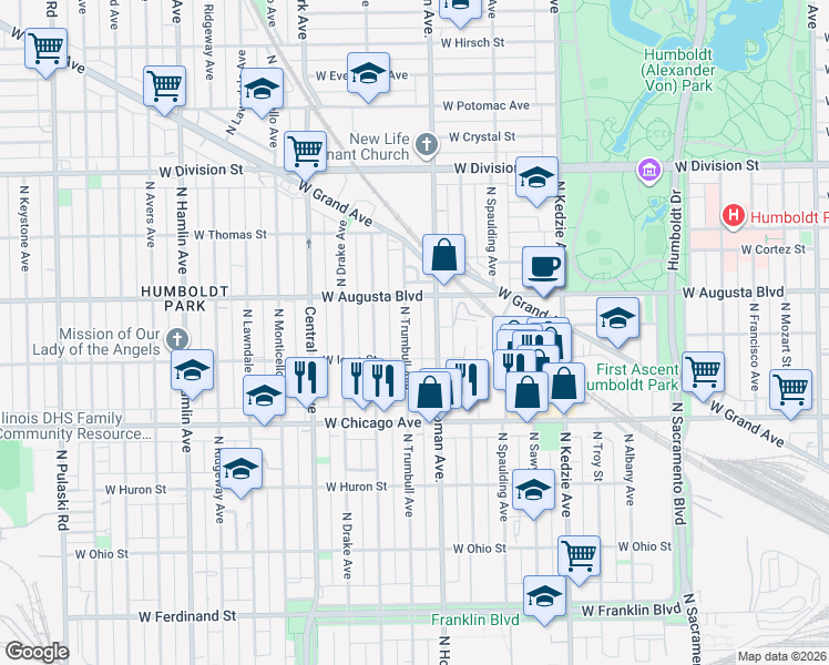 map of restaurants, bars, coffee shops, grocery stores, and more near 921 North Trumbull Avenue in Chicago