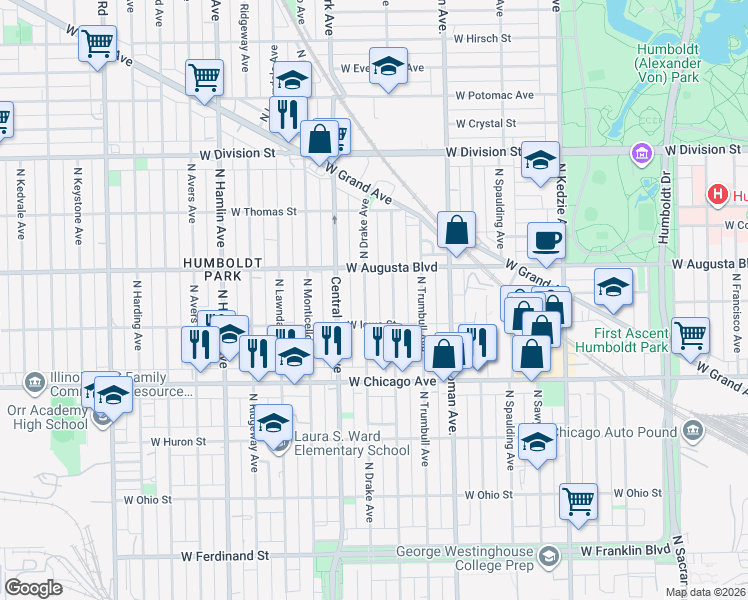 map of restaurants, bars, coffee shops, grocery stores, and more near 920 North Drake Avenue in Chicago