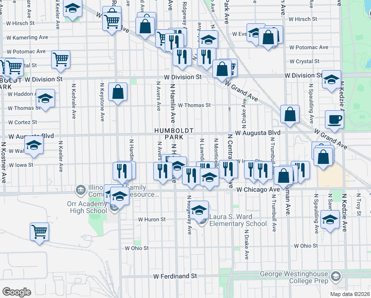map of restaurants, bars, coffee shops, grocery stores, and more near 923 North Ridgeway Avenue in Chicago