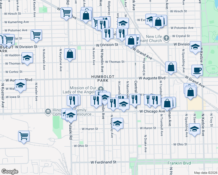 map of restaurants, bars, coffee shops, grocery stores, and more near 923 North Ridgeway Avenue in Chicago