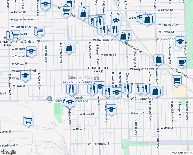 map of restaurants, bars, coffee shops, grocery stores, and more near 924 North Hamlin Avenue in Chicago