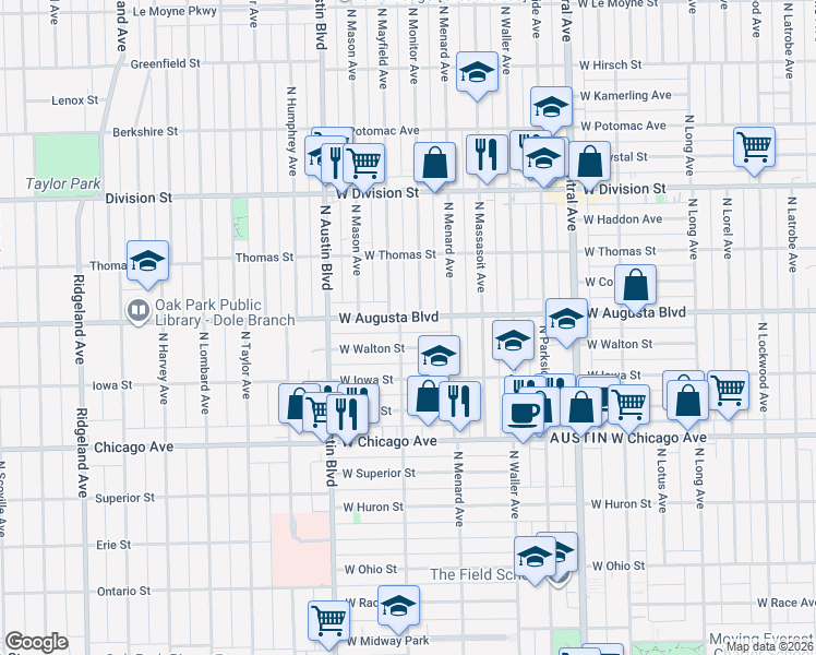 map of restaurants, bars, coffee shops, grocery stores, and more near 950 North Mayfield Avenue in Chicago