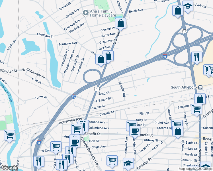 map of restaurants, bars, coffee shops, grocery stores, and more near 30 Collins Street in Attleboro