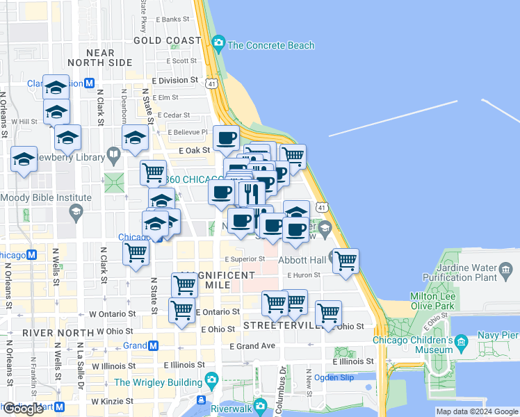 map of restaurants, bars, coffee shops, grocery stores, and more near 222 East Pearson Street in Chicago