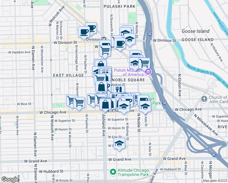 map of restaurants, bars, coffee shops, grocery stores, and more near 1524 West Chestnut Street in Chicago
