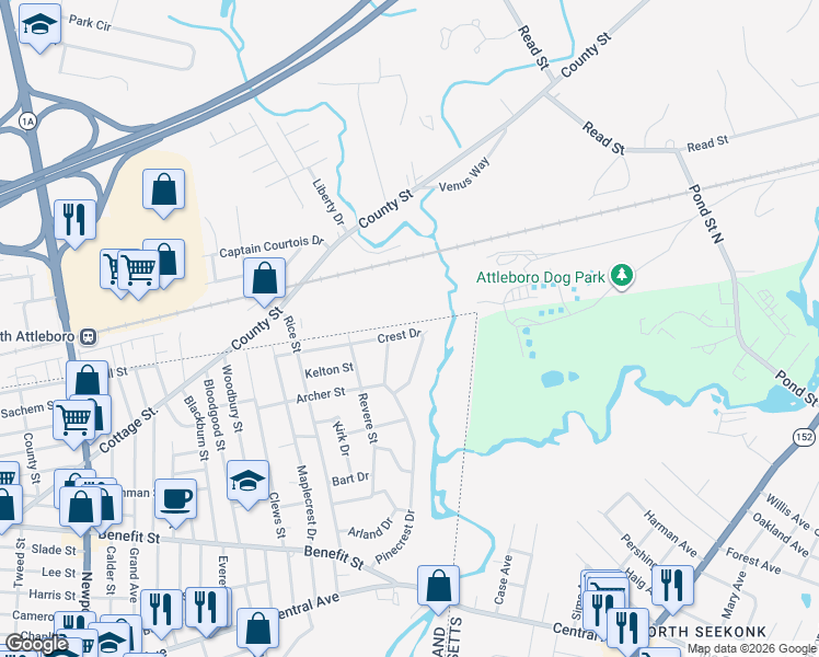 map of restaurants, bars, coffee shops, grocery stores, and more near 116 Crest Drive in Pawtucket