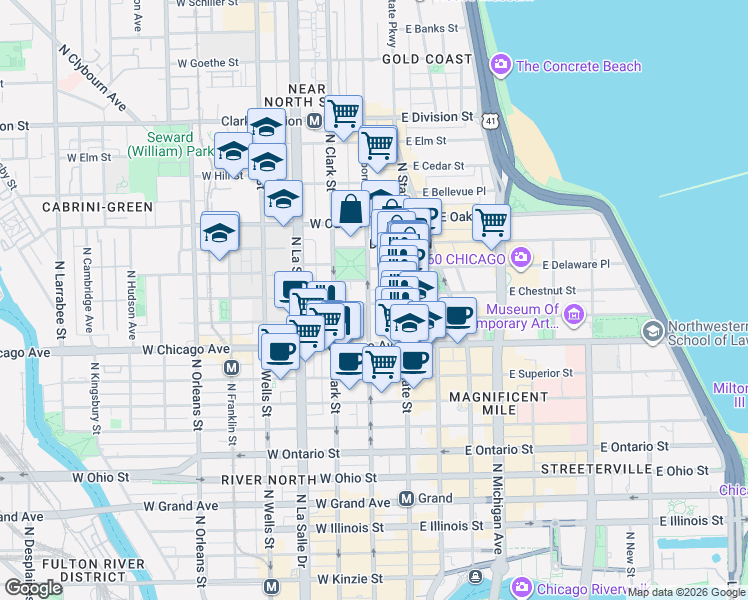 map of restaurants, bars, coffee shops, grocery stores, and more near 55 West Chestnut Street in Chicago