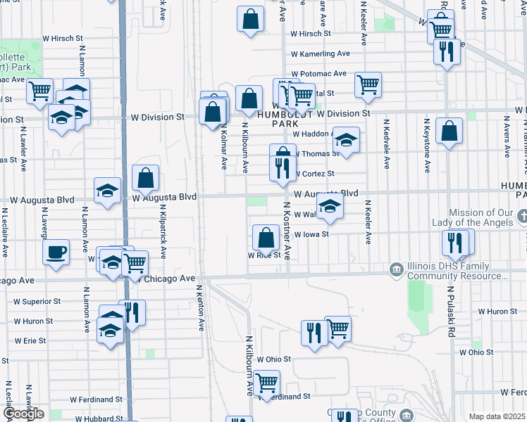 map of restaurants, bars, coffee shops, grocery stores, and more near 4448 West Walton Street in Chicago
