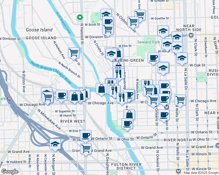 map of restaurants, bars, coffee shops, grocery stores, and more near 844 North Kingsbury Street in Chicago