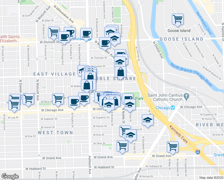 map of restaurants, bars, coffee shops, grocery stores, and more near 1438 West Chestnut Street in Chicago