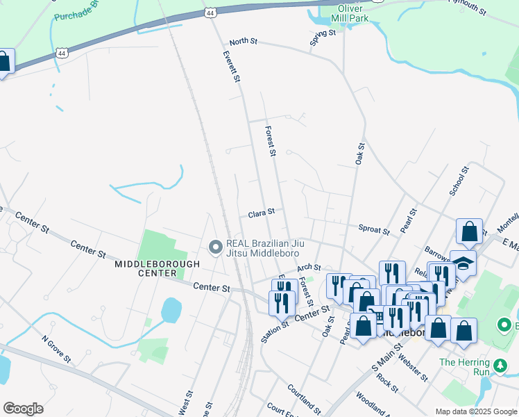 map of restaurants, bars, coffee shops, grocery stores, and more near 72 Everett Street in Middleborough