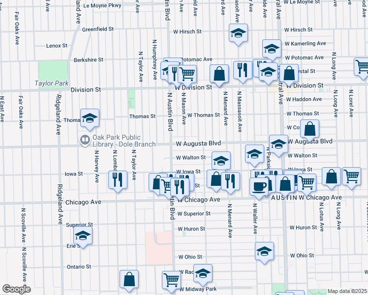 map of restaurants, bars, coffee shops, grocery stores, and more near 5943 West Augusta Boulevard in Chicago
