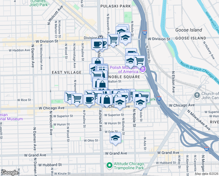 map of restaurants, bars, coffee shops, grocery stores, and more near 1530 West Chestnut Street in Chicago