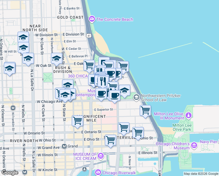 map of restaurants, bars, coffee shops, grocery stores, and more near 222 East Pearson Street in Chicago