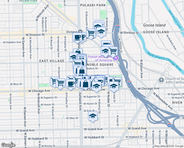 map of restaurants, bars, coffee shops, grocery stores, and more near 1530 West Chestnut Street in Chicago