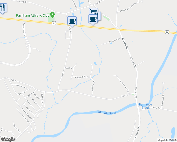 map of restaurants, bars, coffee shops, grocery stores, and more near 130 Suzanne Drive in Raynham