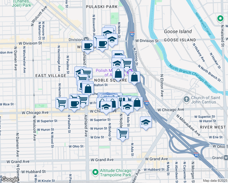 map of restaurants, bars, coffee shops, grocery stores, and more near 1410 West Chestnut Street in Chicago