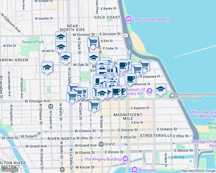map of restaurants, bars, coffee shops, grocery stores, and more near 840 North Wabash Avenue in Chicago