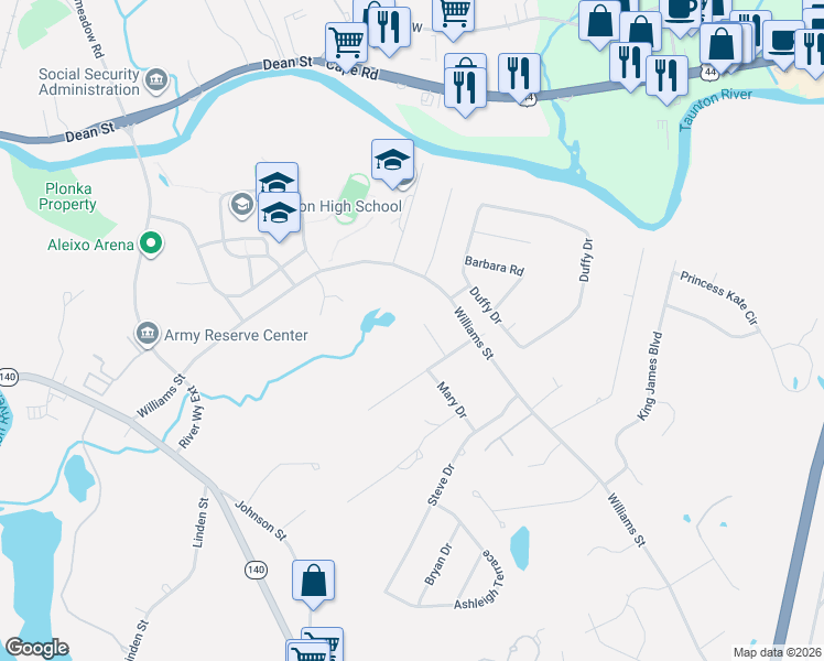 map of restaurants, bars, coffee shops, grocery stores, and more near 40 Marilyn Drive in Taunton